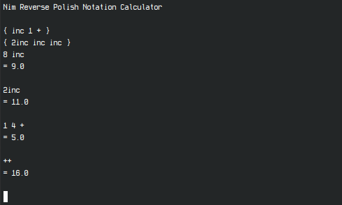 Demonstration of nrpnc, showing function declaration, calling one function from another, and some simple addition.