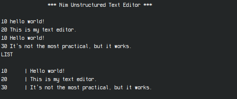 Demonstration of nute, a simple line text editor.